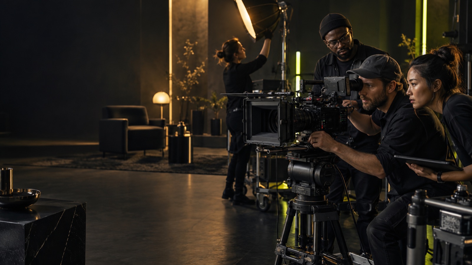 Commercial production crew working with a cinema camera